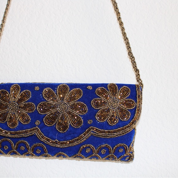Royal blue zardosi handwork handbag. Can also be used as a clutch - Picture 1 of 5